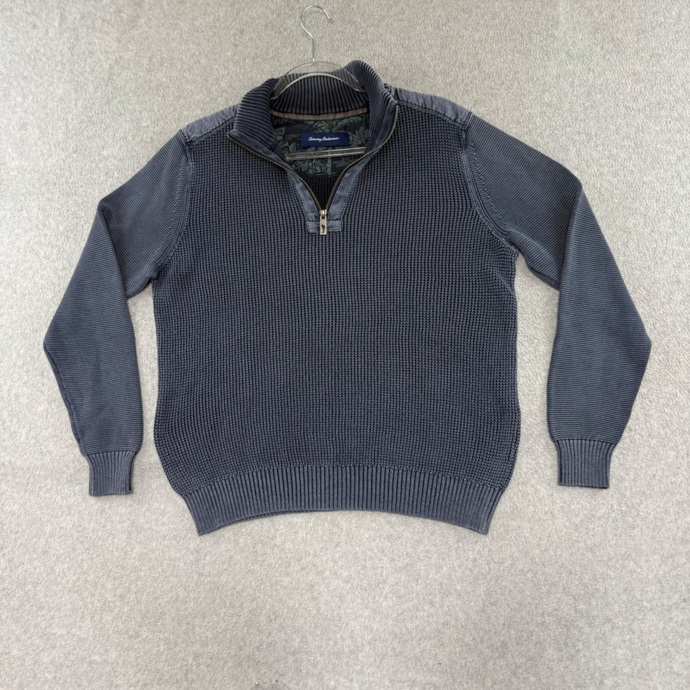 Tommy Bahama Quarter Zip Sweater Mens M Blue Waffle Knit Cotton Pullover